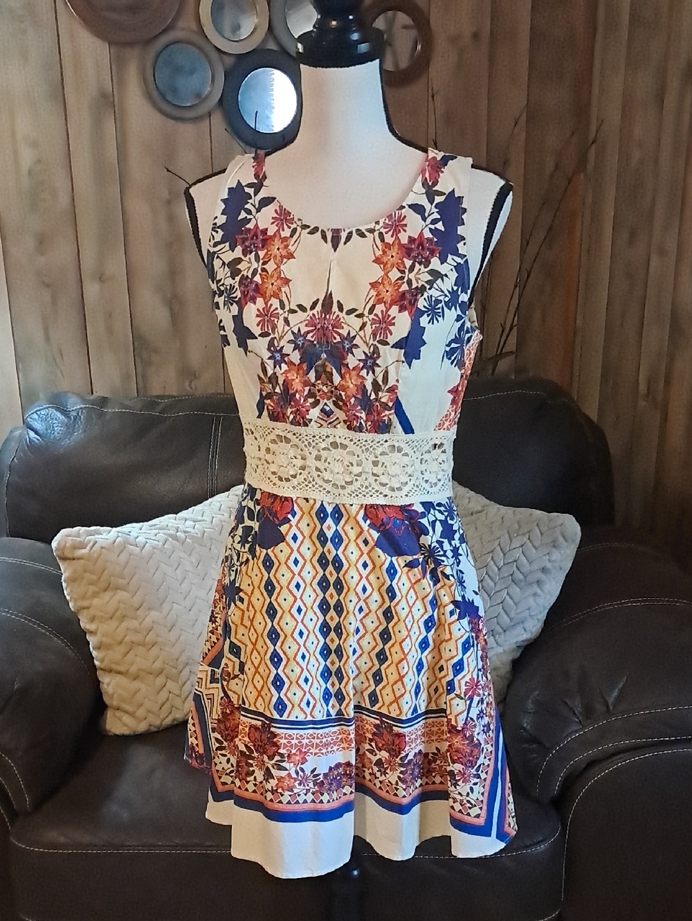 Bailey Blue Sleeveless Floral Fit and Flare Mini Dress Crochet Panel Summer Boho